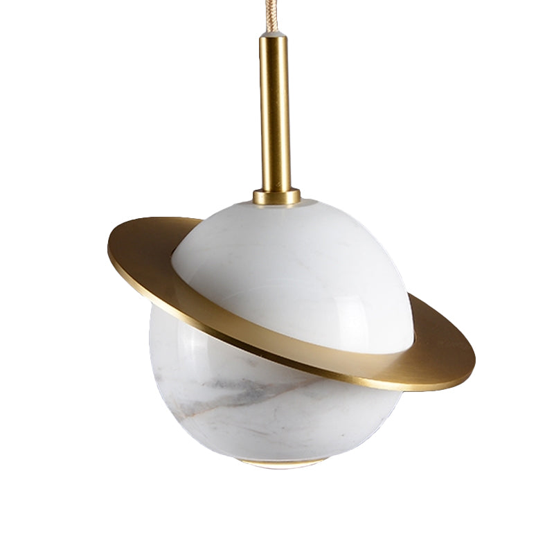 Modern Marble Sphere Ceiling Light: White/Black/Green Led Pendant Lamp With Trapped Ring
