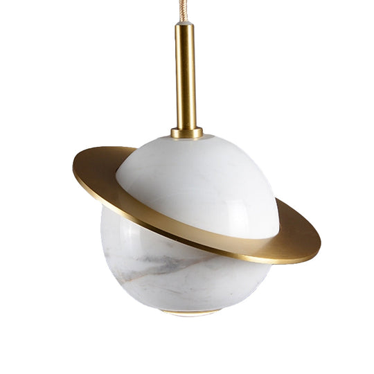 Modern Marble Sphere Ceiling Light: White/Black/Green Led Pendant Lamp With Trapped Ring