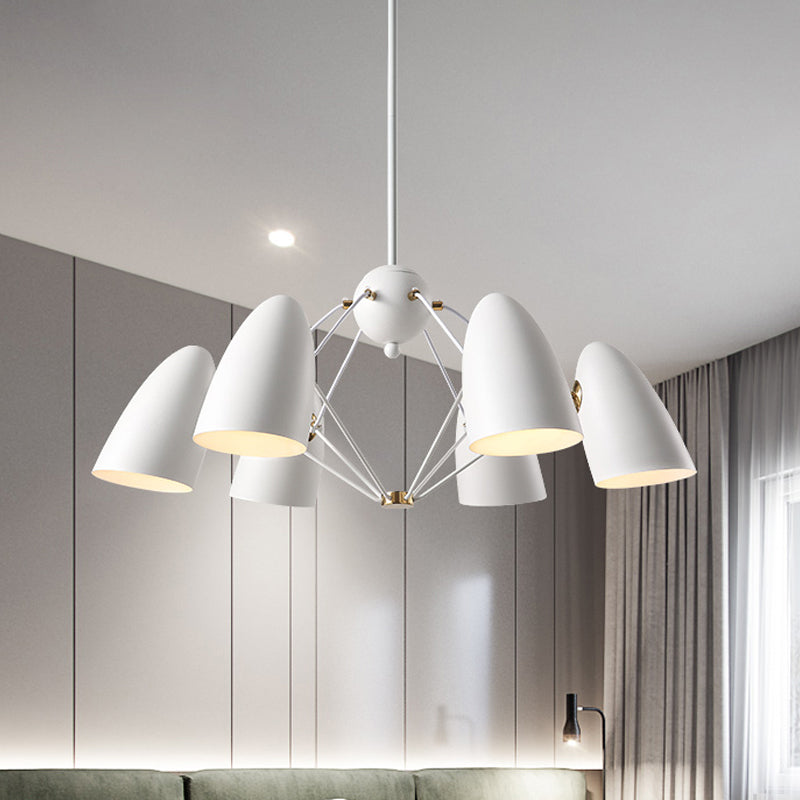Contemporary 6-Light Downward Metal Shade Chandelier In White/Black Finish - Bullet Ceiling Fixture