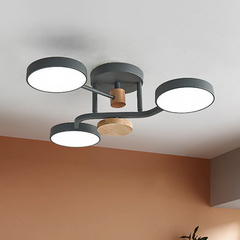 Macaron Metallic Led Flush Mount Lamp In Grey/White/Green - Round Semi-Flush Fixture With Curved