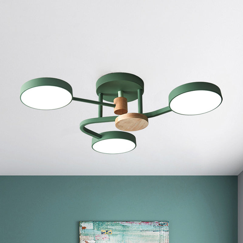 Macaron Metallic Led Flush Mount Lamp In Grey/White/Green - Round Semi-Flush Fixture With Curved