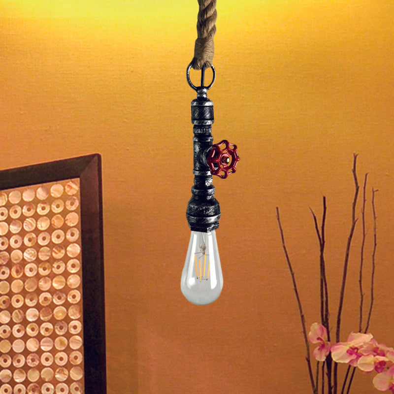 Vintage Pipe And Valve Iron Pendant Light: 1 Bulb Bar Hanging Ceiling Lamp In Black/Silver/Copper