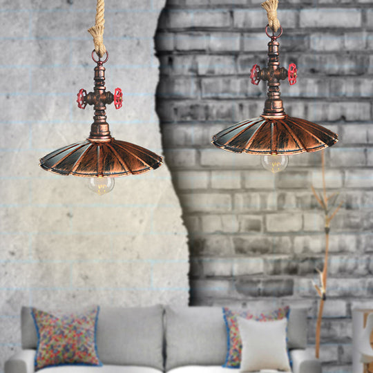 Industrial Metal Scalloped Pendant Lamp With Rust Finish And Knots Rope Cord - 1 Light Hanging