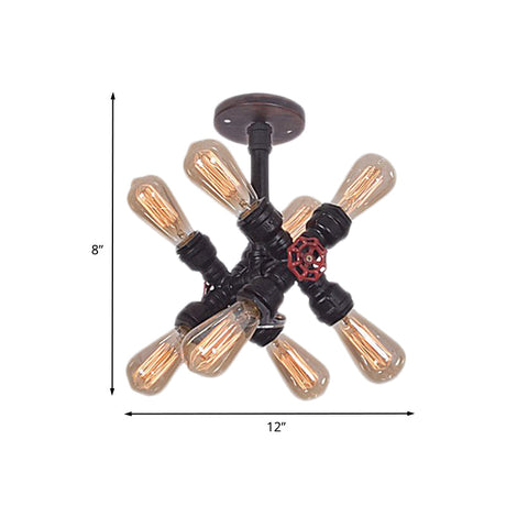 Vintage Black Iron Semi Flush Mount Light With 8-Bulb Crossing Pipe Design - Ideal For Bedroom