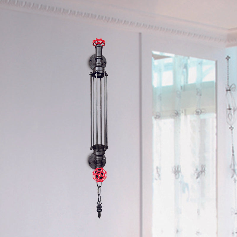 Rustic Black/Copper Tubular Sconce Wall Light With 2-Valve Deco And Chain