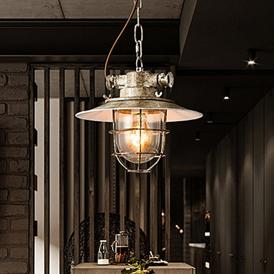 Aged Silver 1-Head Industrial Wire Cage Hanging Lamp Kit With Clear Glass Shade