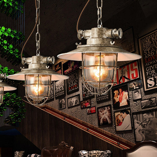 Aged Silver 1-Head Industrial Wire Cage Hanging Lamp Kit With Clear Glass Shade