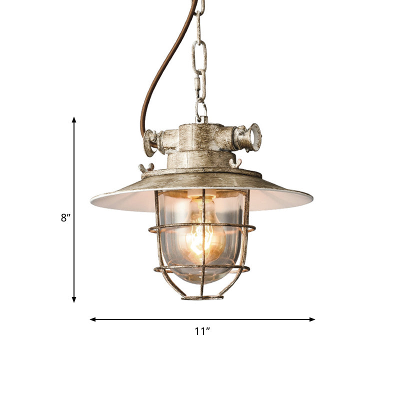 Vintage Silver Down Lighting Industrial Wire Cage Pendant Lamp With Clear Glass Shade