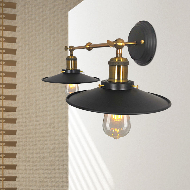 Vintage Wall Mounted Sconce With Flare Metal Shade In Black And Brass - 2 Bulb Light For Restaurants