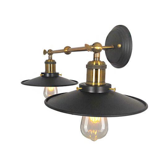 Vintage Wall Mounted Sconce With Flare Metal Shade In Black And Brass - 2 Bulb Light For Restaurants