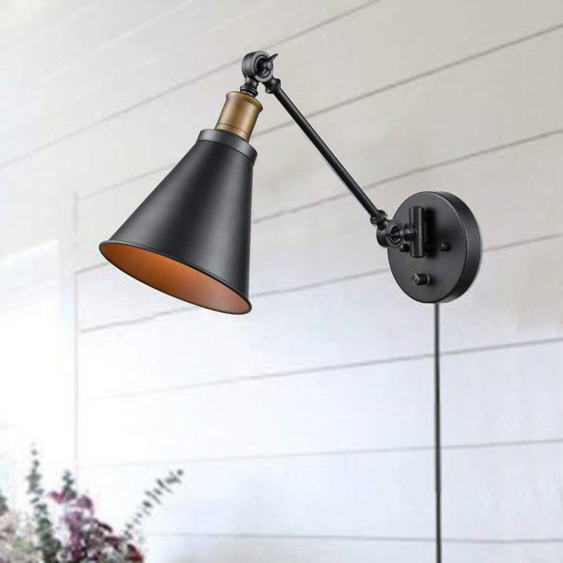 Vintage Black Iron Wall Mount Swing Arm Sconce With Cone Shade For Living Room