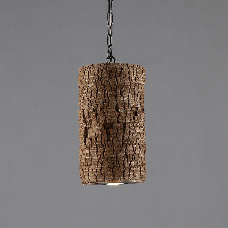 Industrial Brown Resin Pendant Ceiling Lamp - Timber Pile Design 1 Light Cylinder Hanging Kit
