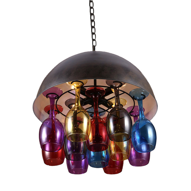 Vintage 4-Light Dome Iron Hanging Chandelier: Restaurant Pendant Lamp In Black With Colorful Wine