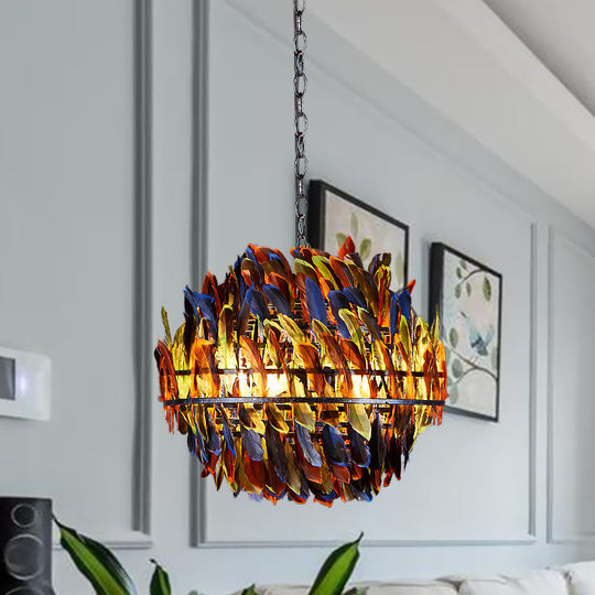 Iron Blue Ceiling Chandelier: Industrial 4-Light Suspension Lamp With Multicolor Feather Deco