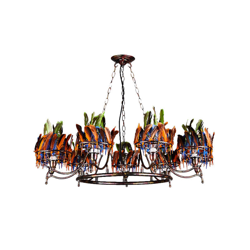 Industrial Iron Rusty Chandelier Light Fixture - 9 Lights Round Hanging Ceiling Lamp With Colorful