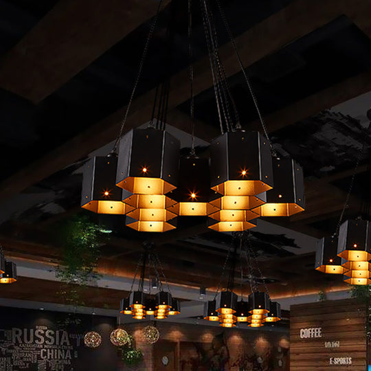 Vintage Hexagonal Chandelier With Black Honeycomb Design - 7/10/11 Down Lights For Restaurants