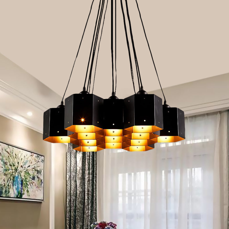 Vintage Hexagonal Chandelier With Black Honeycomb Design - 7/10/11 Down Lights For Restaurants