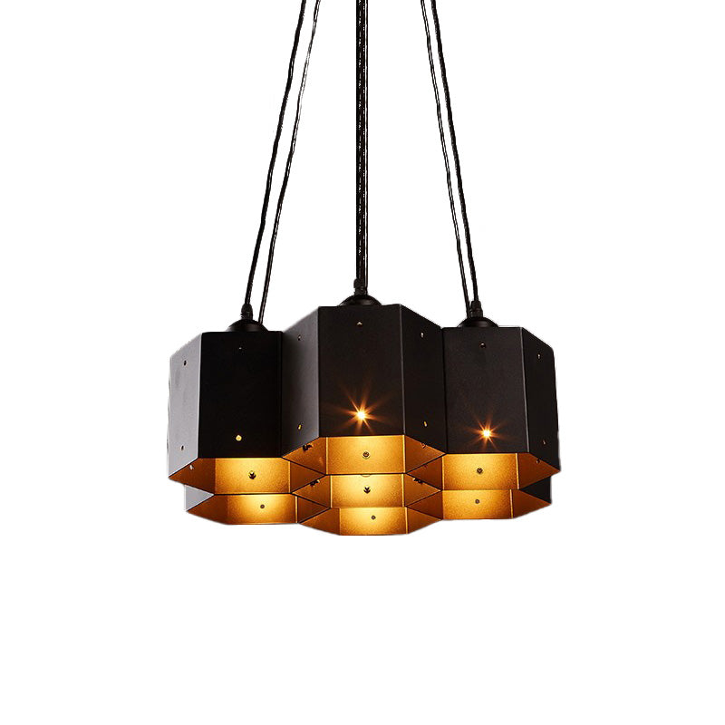 Vintage Hexagonal Chandelier With Black Honeycomb Design - 7/10/11 Down Lights For Restaurants