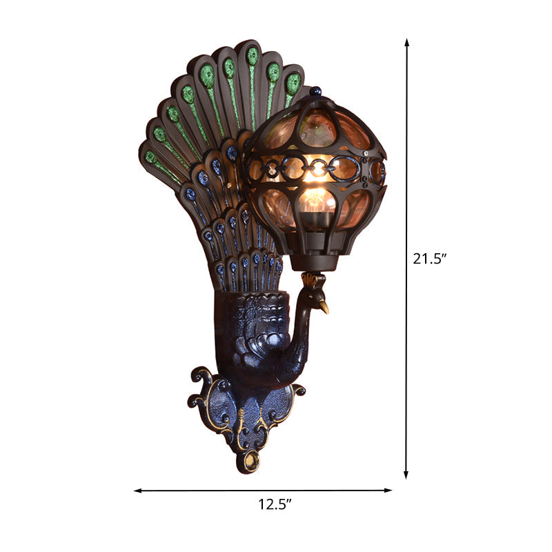 Industrial Metal Wall Sconce With Lake Blue Globe & Peacock Backplate