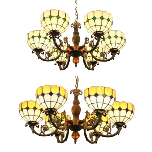 Tiffany Antique Glass Chandelier With 6 Heads In Green/Yellow For Hotel