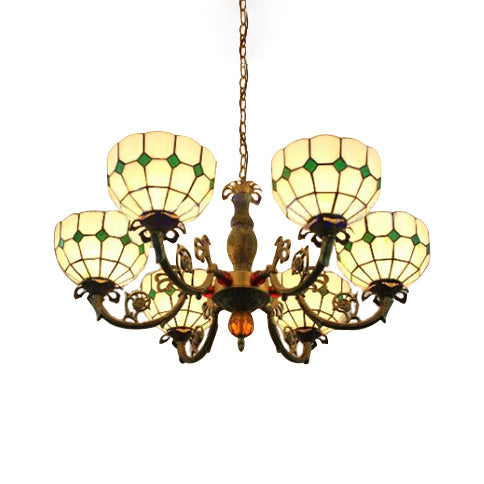Tiffany Antique Glass Chandelier In Green/Yellow With 6 Bowl Shade Heads For Hotels Green