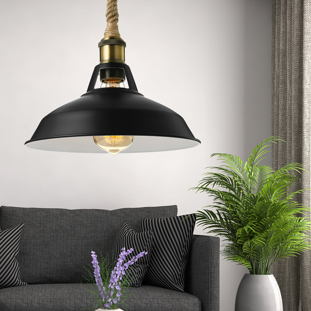 Industrial Metal Pendant Lamp: Barn-Style Shade 1 Light Black/White Ceiling Fixture With Hanging