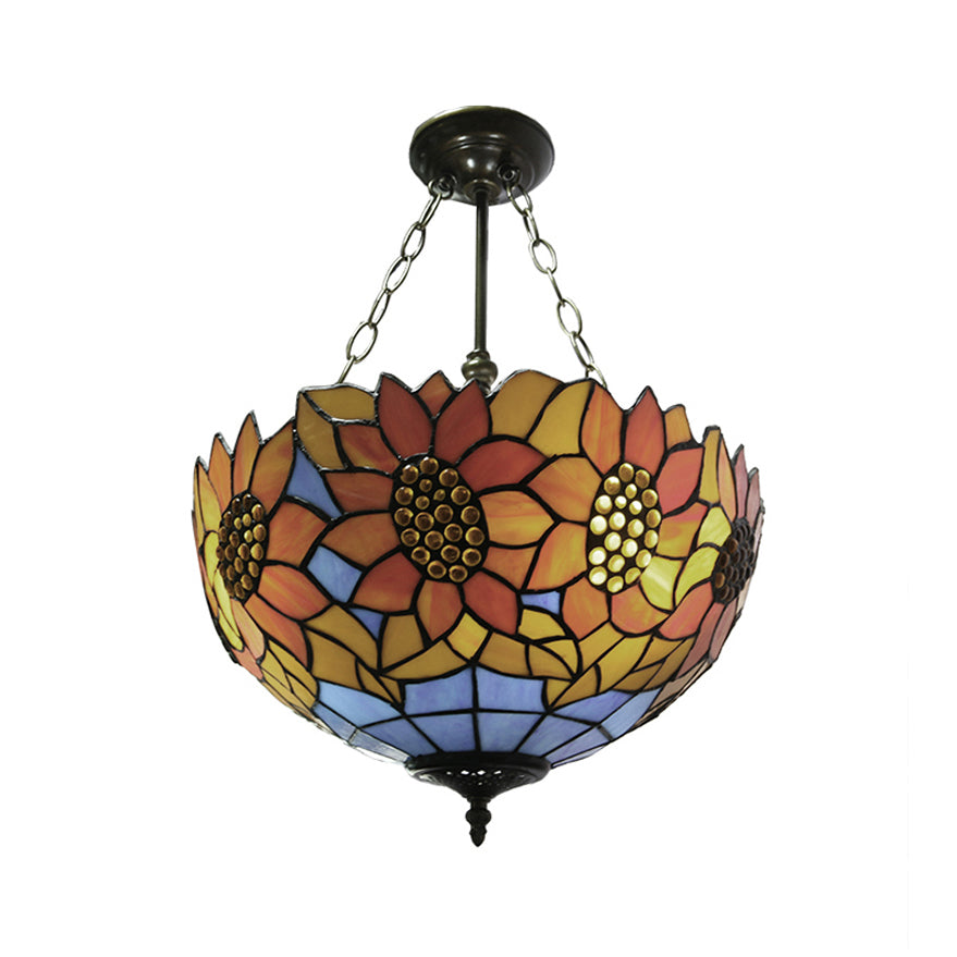 Sunflower Stained Glass Ceiling Light - Rustic Tiffany Style In Orange 12’/16’ Width Semi Flush
