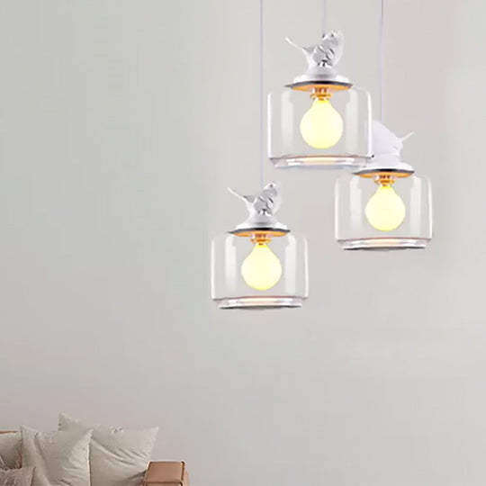Modern Drum Hanging Lamp With Clear Glass And Bird Deco - Sleek White Ceiling Light For Living Room