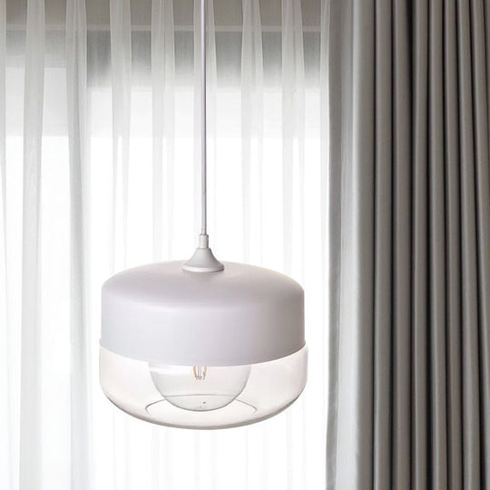 Modern White Glass Pendant Light For Bedroom Ceiling With Clear Round Shade
