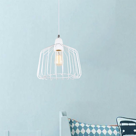White Metallic Pendulum Light - Minimalist Cage Shade Bedroom Hanging Lamp Kit