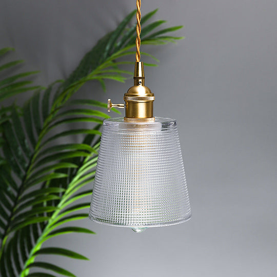 Modernist Clear Glass Bell Hanging Light With Gold Finish & Metallic Switch - 1 Bulb Suspended