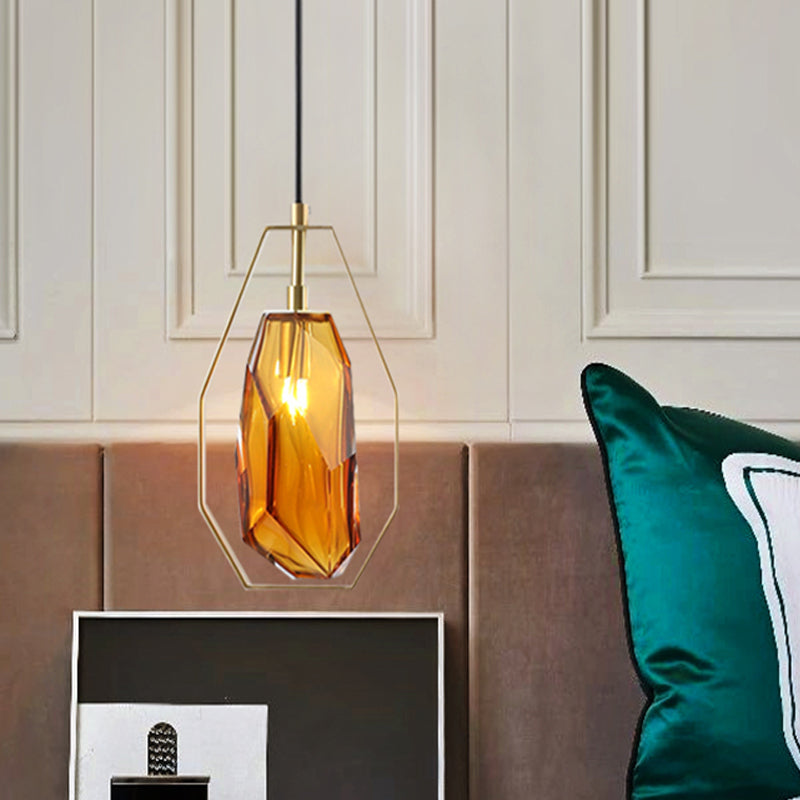 Vintage Gemstone Pendant Light In Smoke Grey/Cognac Glass With Brass Frame