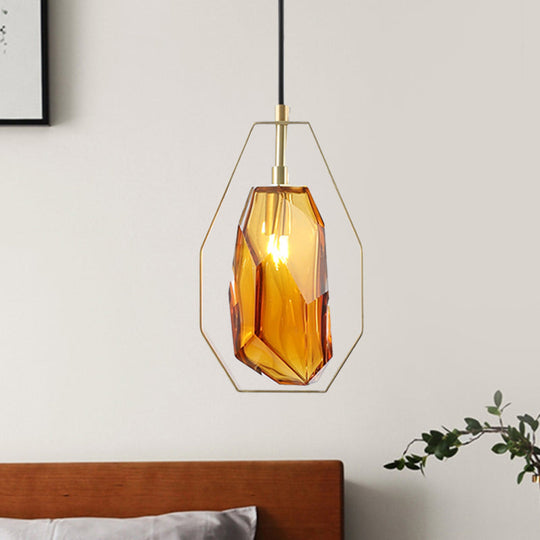 Retro Smoke Grey/Cognac Glass Gemstone Pendant Light With Brass Frame - Head Suspended Ideal For