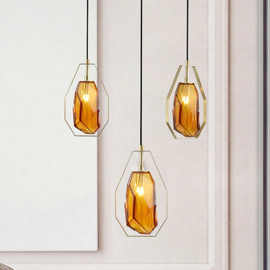 Retro Smoke Grey/Cognac Glass Gemstone Pendant Light With Brass Frame - Head Suspended Ideal For