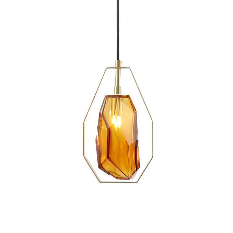 Retro Smoke Grey/Cognac Glass Gemstone Pendant Light With Brass Frame - Head Suspended Ideal For