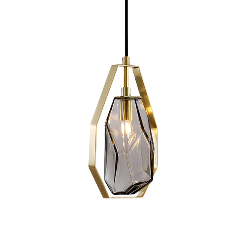 Retro Smoke Grey/Cognac Glass Gemstone Pendant Light With Brass Frame - Head Suspended Ideal For