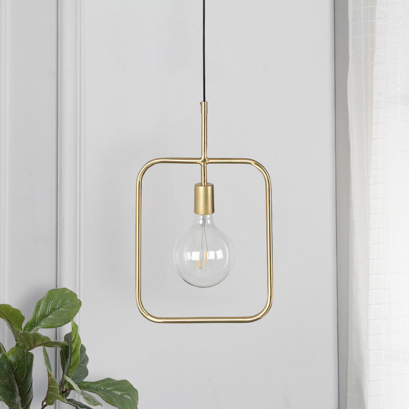 Contemporary Gold Square Skeleton Pendant Ceiling Light With Exposed Bulb - Stylish Metal Fixture