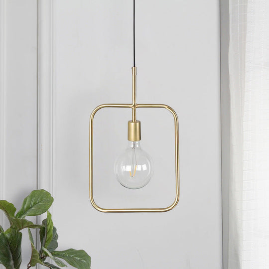 Contemporary Gold Square Skeleton Pendant Ceiling Light With Exposed Bulb - Stylish Metal Fixture