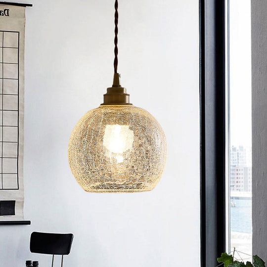 Translucent Crackle Glass 1-Light Pendant Light - Minimalist Spherical Design For Dining Room