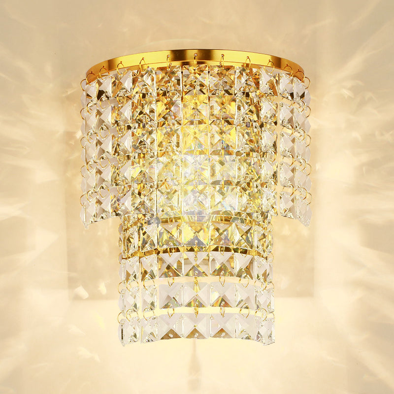 Vintage Style Crystal Wall Sconce With Double Layers & Chrome/Gold Finish - 1 Light Square Shape