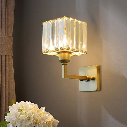 Modern Clear Crystal Block Wall Sconce Light With Gold Finish Ideal For Bedroom Lighting / D