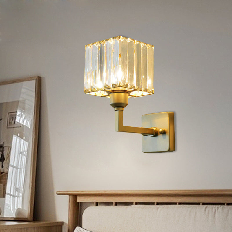 Modern Clear Crystal Block Wall Sconce Light With Gold Finish Ideal For Bedroom Lighting