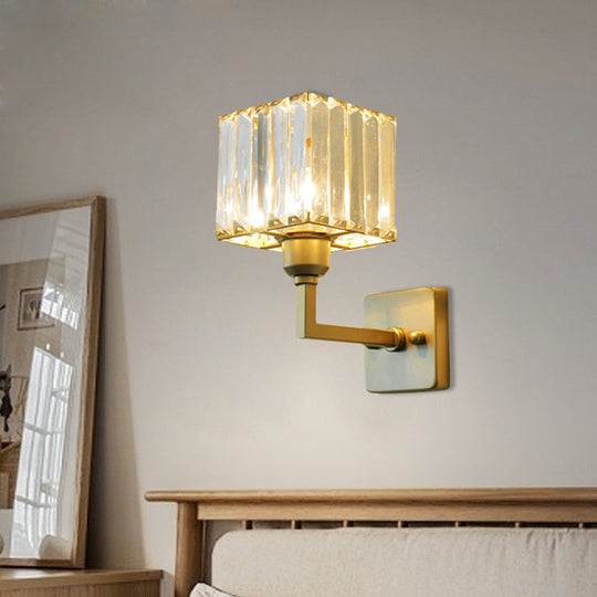 Modern Clear Crystal Block Wall Sconce Light With Gold Finish Ideal For Bedroom Lighting