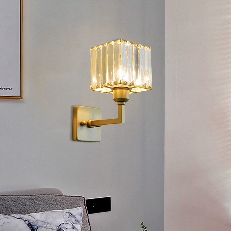 Modern Clear Crystal Block Wall Sconce Light With Gold Finish Ideal For Bedroom Lighting