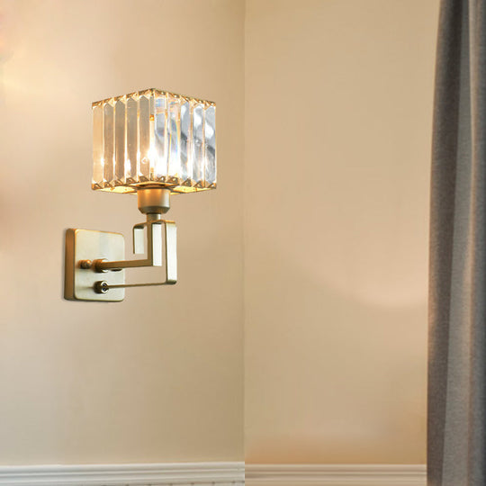 Modern Clear Crystal Block Wall Sconce Light With Gold Finish Ideal For Bedroom Lighting