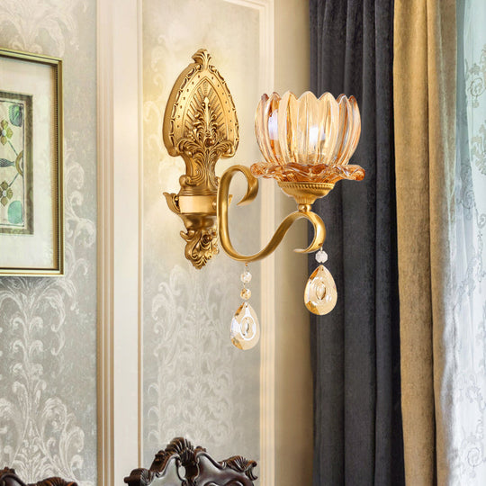 Petal Wall Mount Amber Glass Bedroom Lighting With Crystal Deco - Modern Design In Brass 1 /