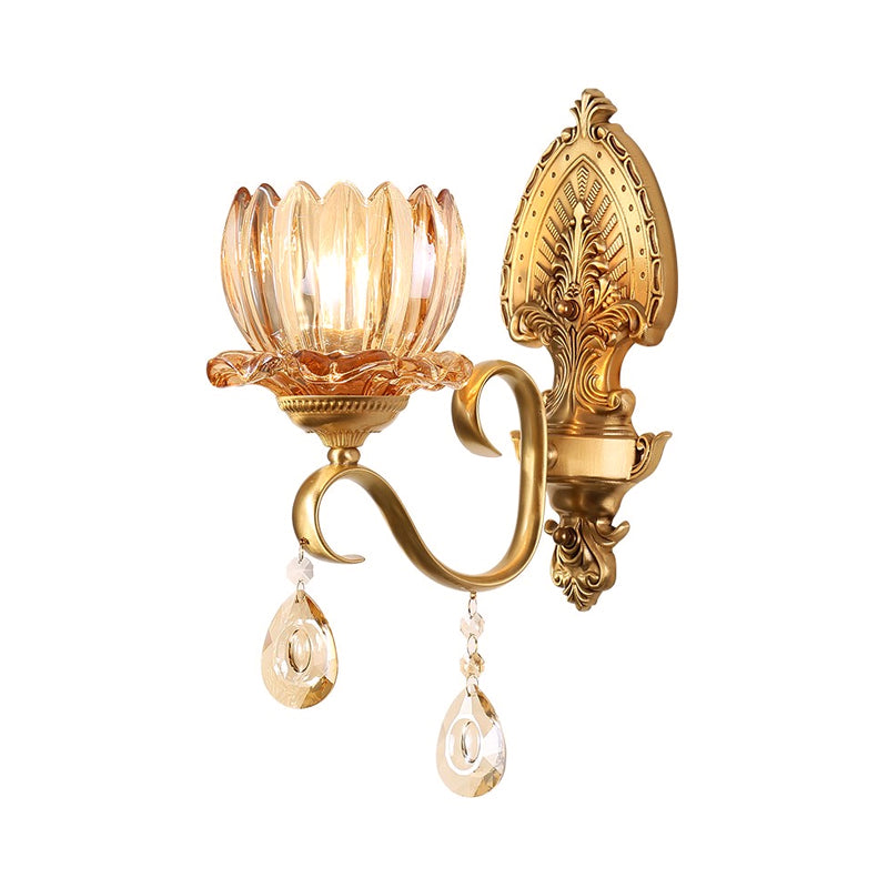 Petal Wall Mount Amber Glass Bedroom Lighting With Crystal Deco - Modern Design In Brass