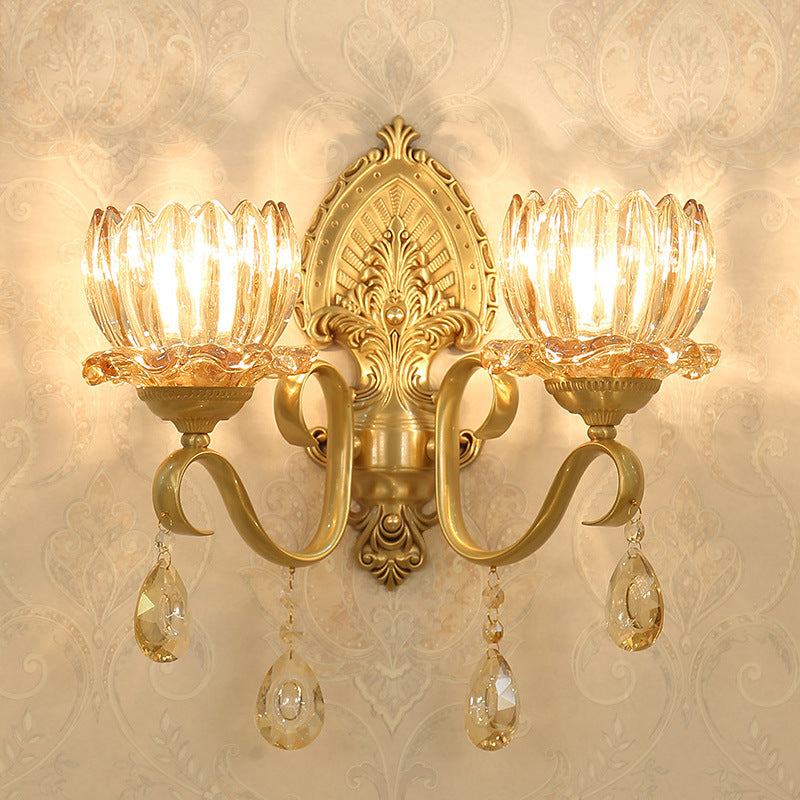 Petal Wall Mount Amber Glass Bedroom Lighting With Crystal Deco - Modern Design In Brass 2 /