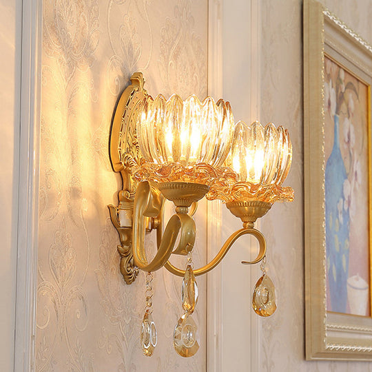 Petal Wall Mount Amber Glass Bedroom Lighting With Crystal Deco - Modern Design In Brass