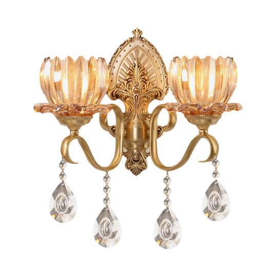 Petal Wall Mount Amber Glass Bedroom Lighting With Crystal Deco - Modern Design In Brass